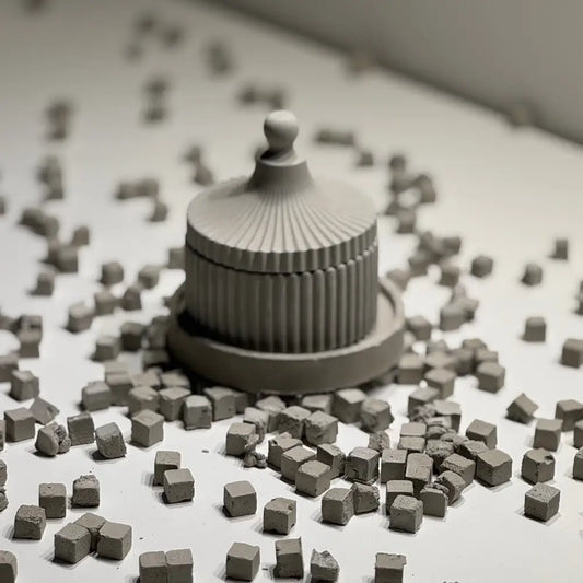 Small ceramic structure surrounded by numerous miniature cubes on a neutral background