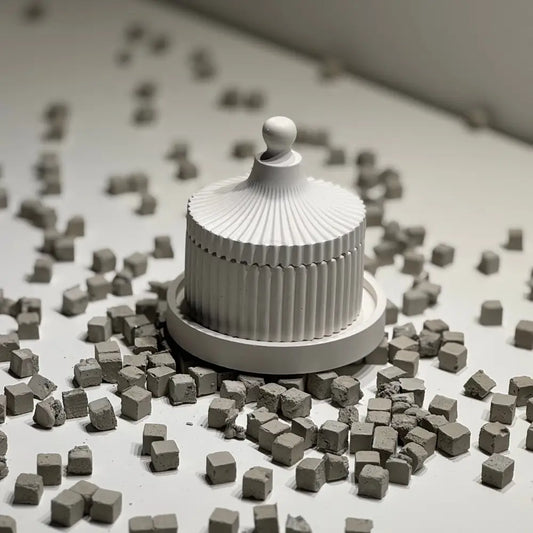 White cylindrical object surrounded by small gray cubes on a light surface