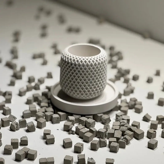 White textured cylindrical object surrounded by small gray cubes on a light surface.