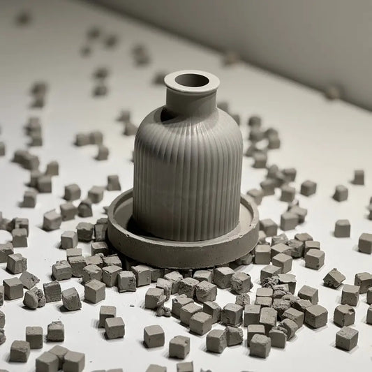 Gray ceramic vase surrounded by small gray cubes on a light background