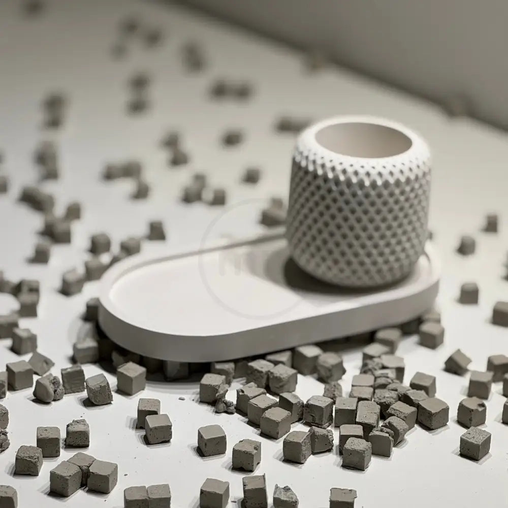 White textured object on a white surface with scattered small gray cubes